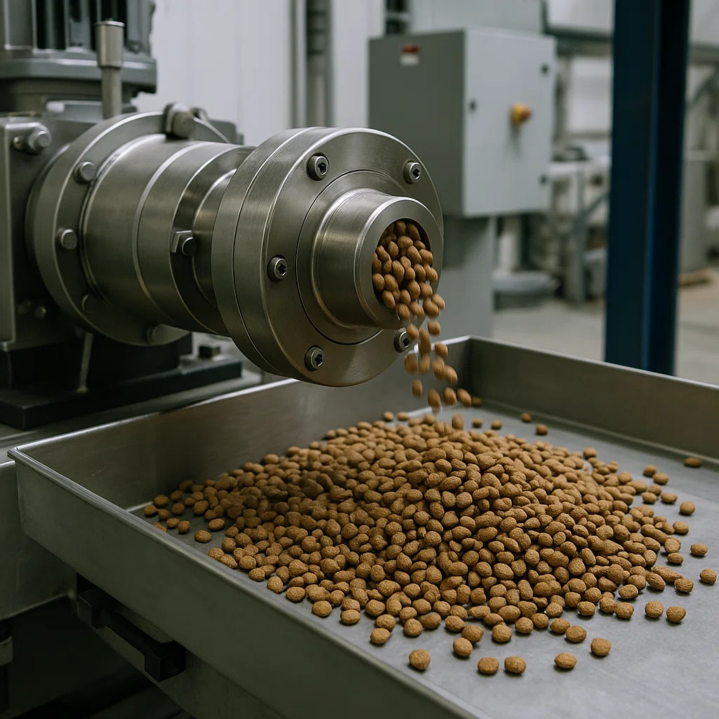 Extrusora industrial de alimentos para animais de estimação em ação com ração a ser processada