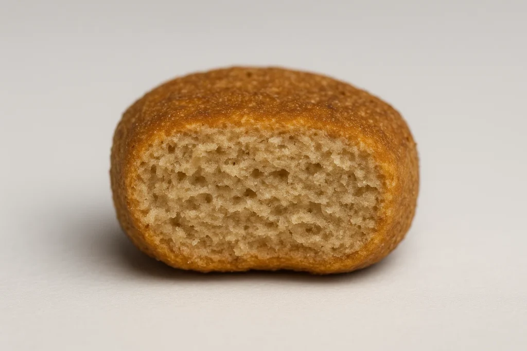 Secção transversal de um croquete seco mostrando uma textura interior consistente