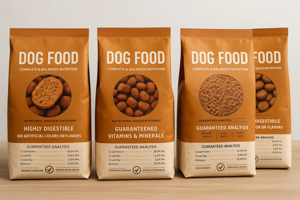 Embalagens de alimentos para animais de companhia com rótulos que indicam o conteúdo nutricional e a conformidade com a segurança