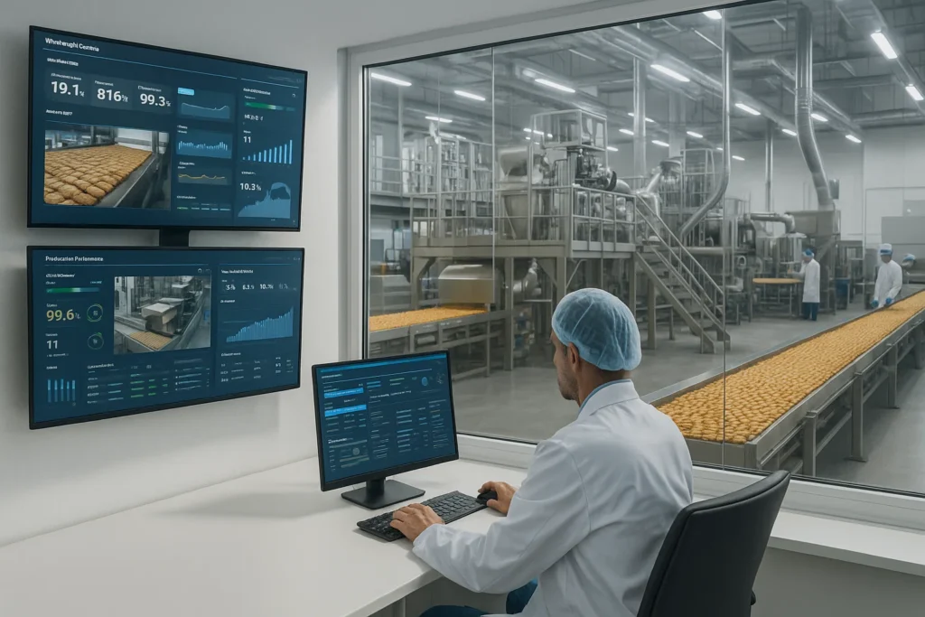 Una instalación futurista de procesamiento de alimentos que utiliza la supervisión automatizada y la optimización de datos en tiempo real.