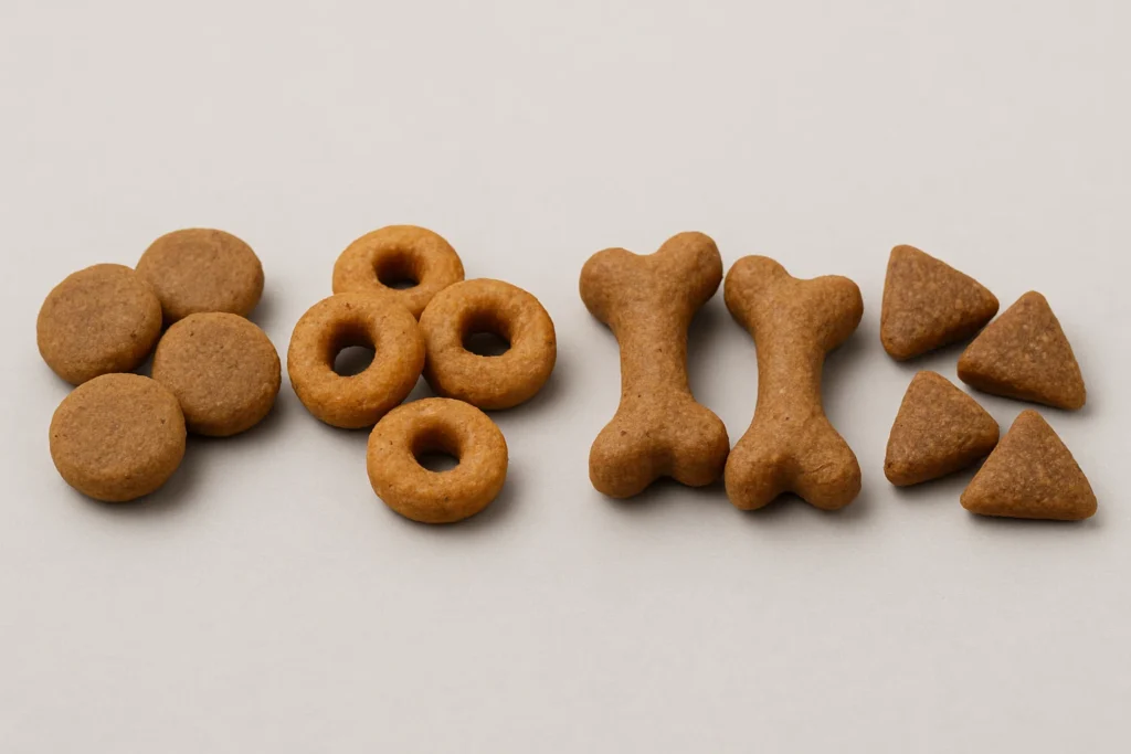 Extruded pet food shapes (kibble, ring, bone, triangle)