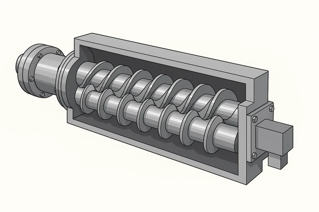 Cross-sectional diagram of a twin-screw food extruder barrel