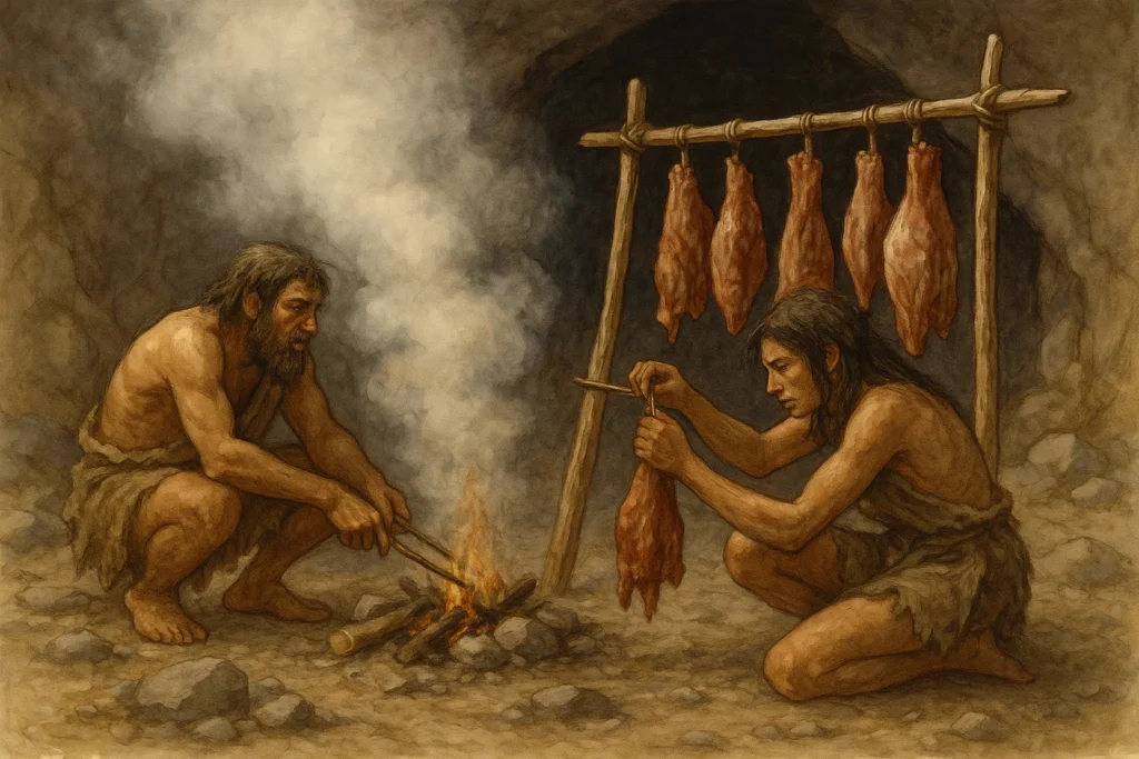 Representación de los primeros humanos ahumando y secando carne con métodos de la Edad de Piedra.
