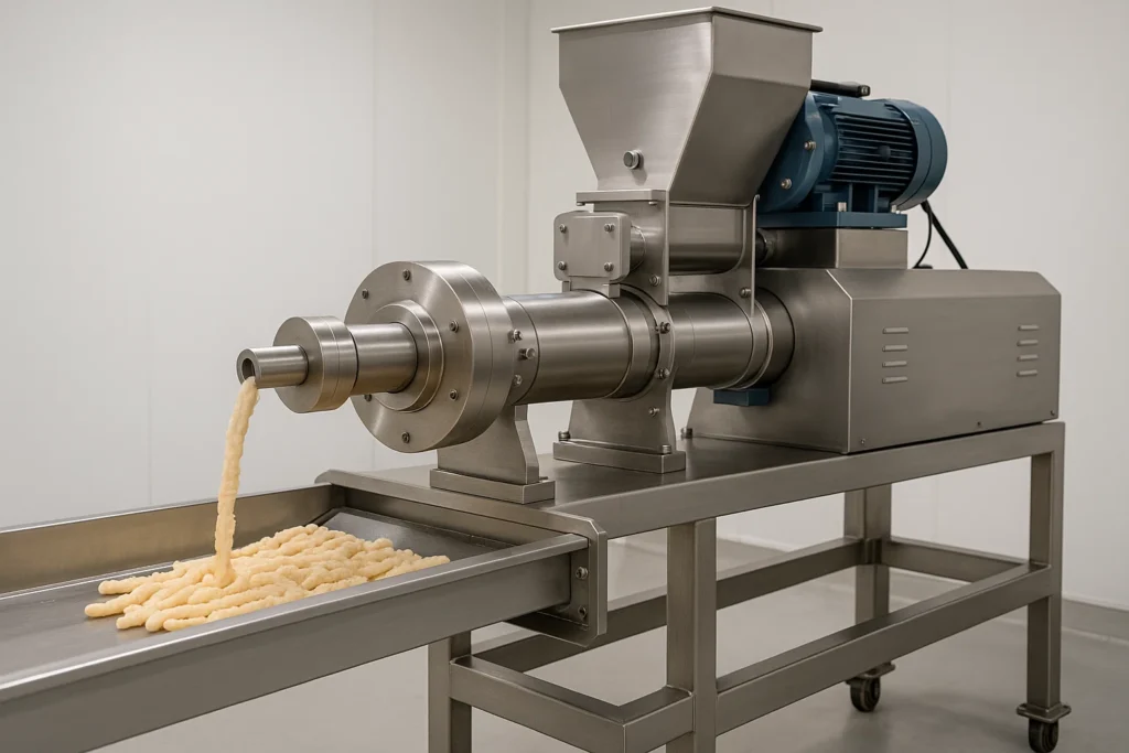 Una moderna extrusora industrial de alimentos en funcionamiento: automatizada, eficaz e higiénica.