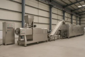 Installation site of a Zhuoheng custom multifunctional food extrusion line inside a modern industrial workshop.