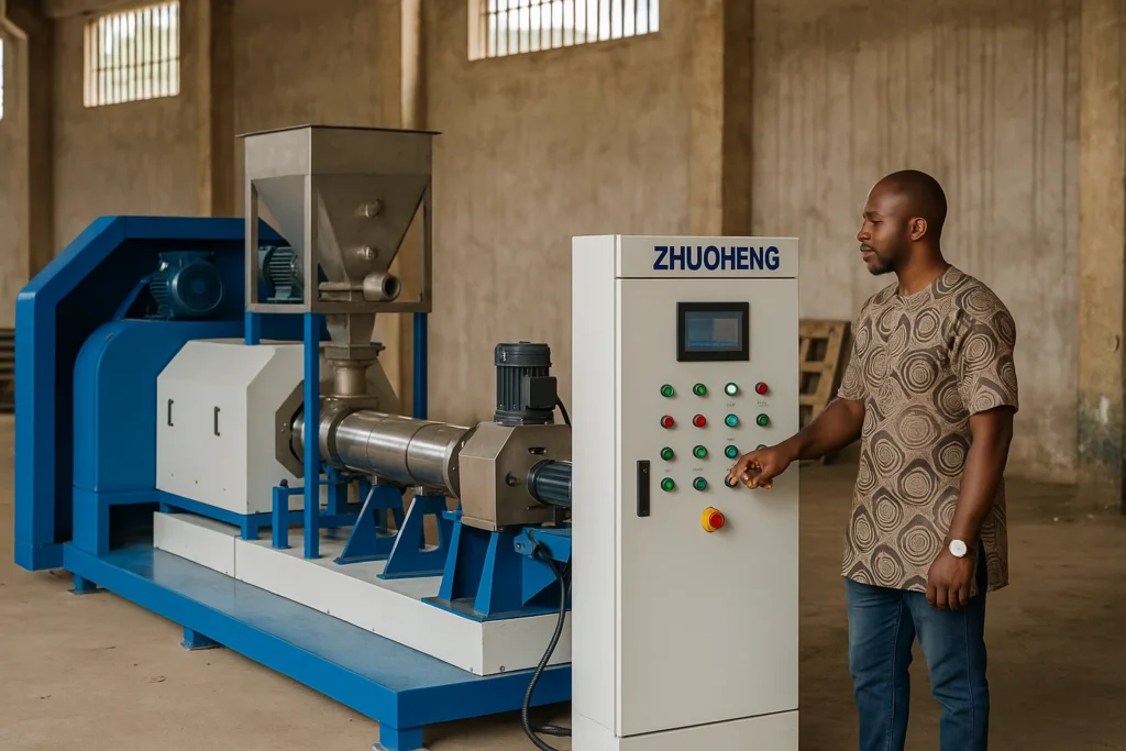 Cliente nigeriano que opera a máquina de alimentação para peixes ZHUOHENG