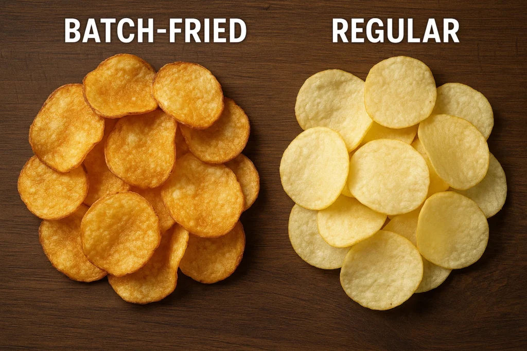 Freidora industrial por lotes de Zhuoheng en funcionamiento para la producción de patatas fritas.