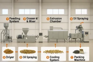 modern fish feed extrusion line flowchart in clean factory