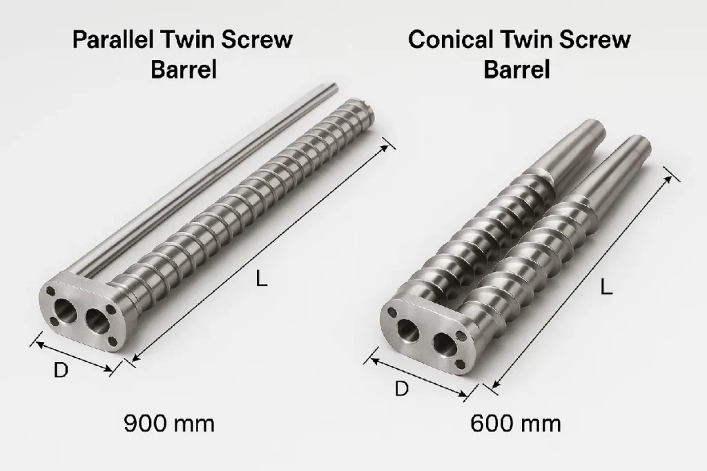 Comparação lado a lado de barris de rosca dupla paralelos e cónicos, acabamento em aço inoxidável, com as dimensões de comprimento (L) e diâmetro (D) anotadas.