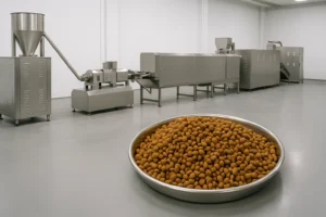 Industrial stainless steel drum coater with coated kibbles tumbling mid-air during operation.