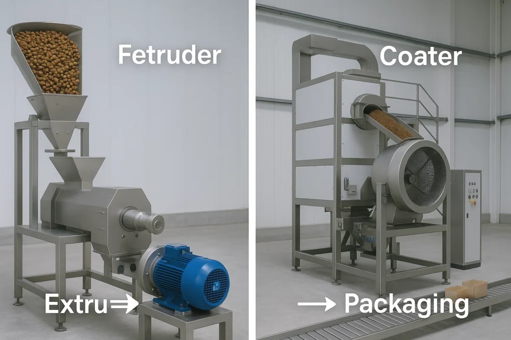 Operator using IoT dashboard to monitor pet food extruder parameters including temperature, screw speed, and moisture