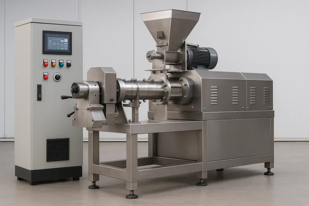 Industrial process flow showing receiving bins, grinder, mixer, preconditioner, and extruder die in one horizontal layout.