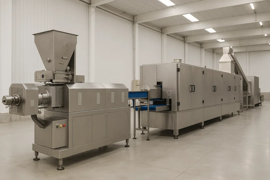 Automated packaging line with VFFS machine, nitrogen MAP system, checkweigher, and metal detector in pet food plant.