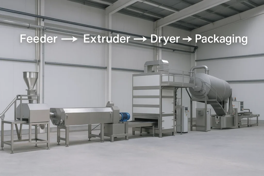 Complete pet food production line with feeder, extruder, dryer, coater, and packaging equipment in factory setting