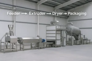 Complete pet food production line with feeder, extruder, dryer, coater, and packaging equipment in factory setting