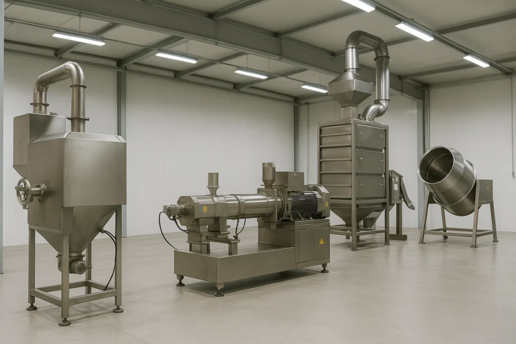 Wide-angle view of a modern Pet Food Production Line with stainless steel extruder, dryer, and coating drum in a clean factory.