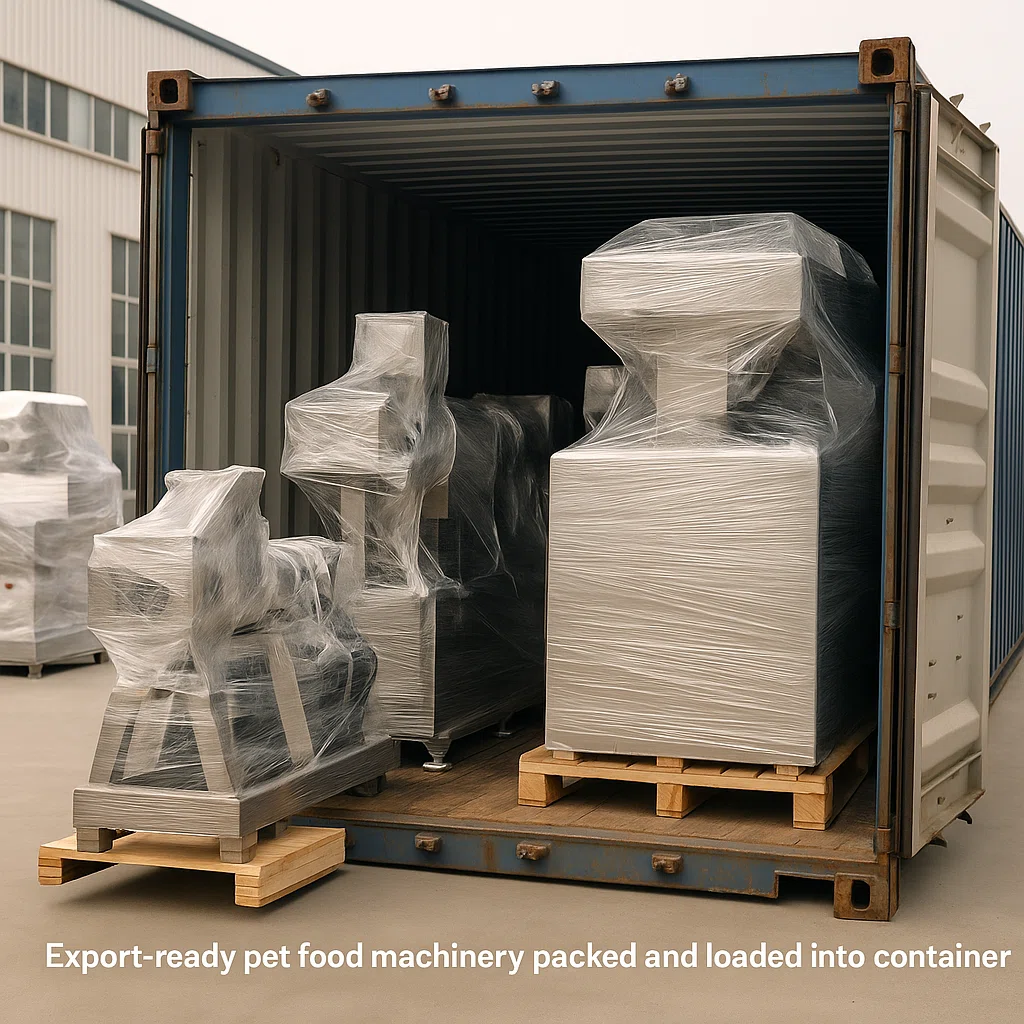 Export-ready pet food machinery securely wrapped on wooden pallets and loaded into a shipping container for international delivery.