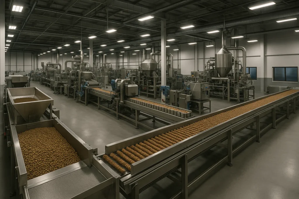 Hyper-realistic photo of a modern pet food plant with multiple production lines for dry kibble, wet canned food, and pet treats running simultaneously.
