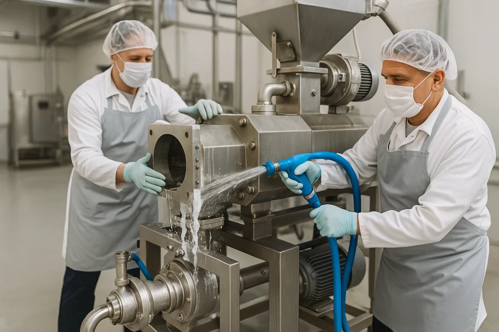 Operators cleaning stainless steel pet food extrusion equipment with a CIP system for fast product changeovers in a modern factory.