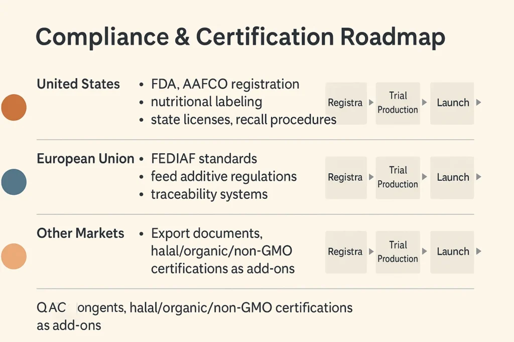 Compliance roadmap Gantt chart for a pet food factory, showing phases from registration, trial production, testing, packaging and labeling, to market launch, with FDA, AAFCO, FEDIAF, and certification icons.