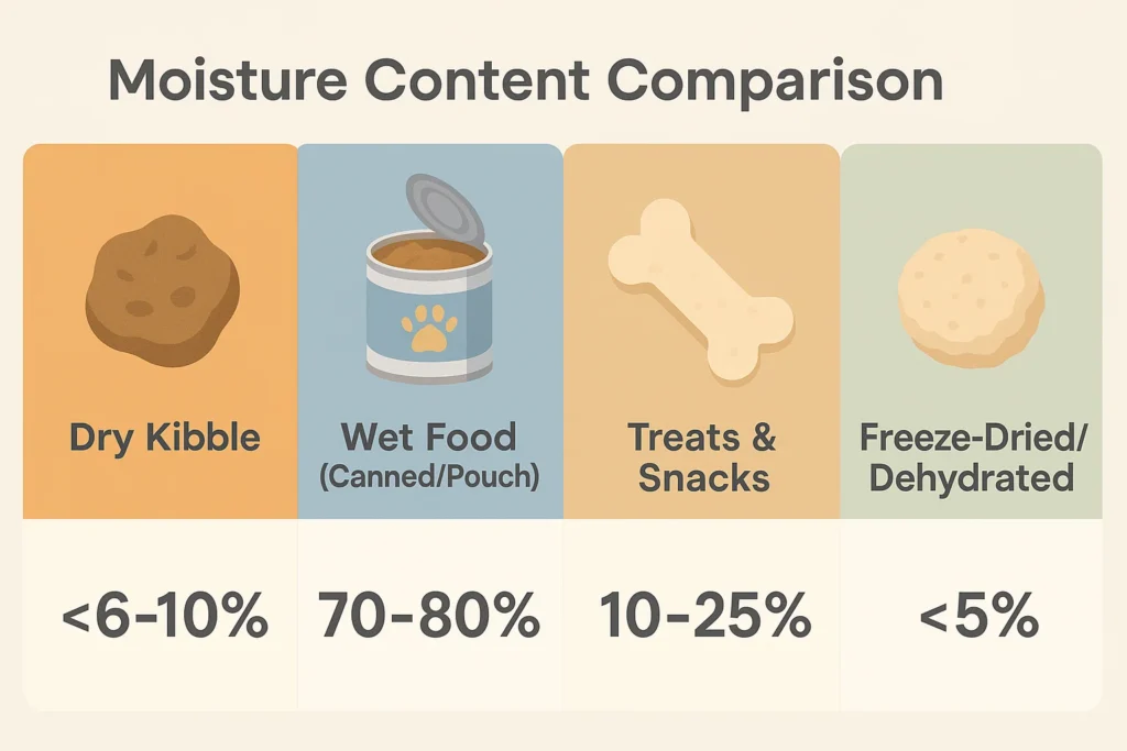 Infographic comparing moisture content of pet foods: Dry Kibble 6–10%, Wet Food 70–80%, Treats 10–25%, Freeze-Dried under 5%.