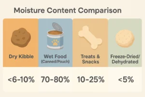 Infographic comparing moisture content of pet foods: Dry Kibble 6–10%, Wet Food 70–80%, Treats 10–25%, Freeze-Dried under 5%.