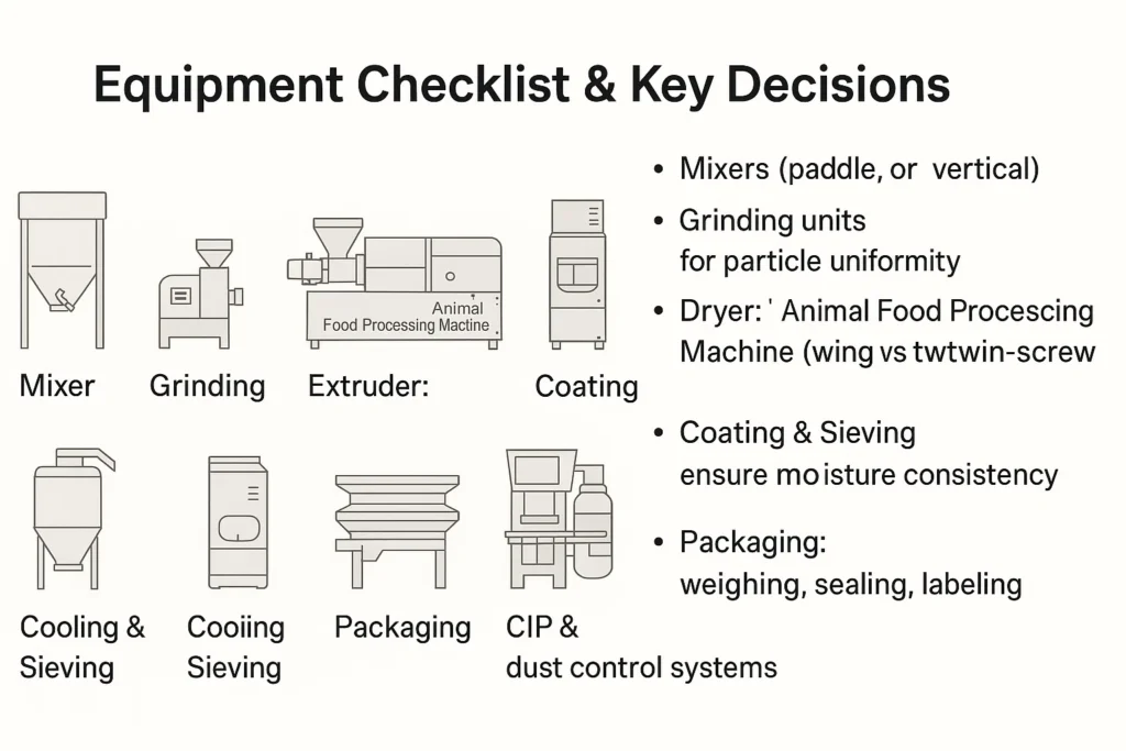 Infographic of a complete pet food production line equipment checklist: mixers, grinding units, extruder, dryer, coating, cooling and sieving, packaging, and CIP/dust control systems.