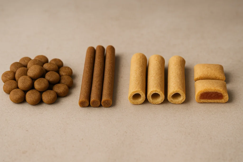 Pet food shape comparison showing round kibble, chew sticks, hollow tubes, and filled snacks on display.