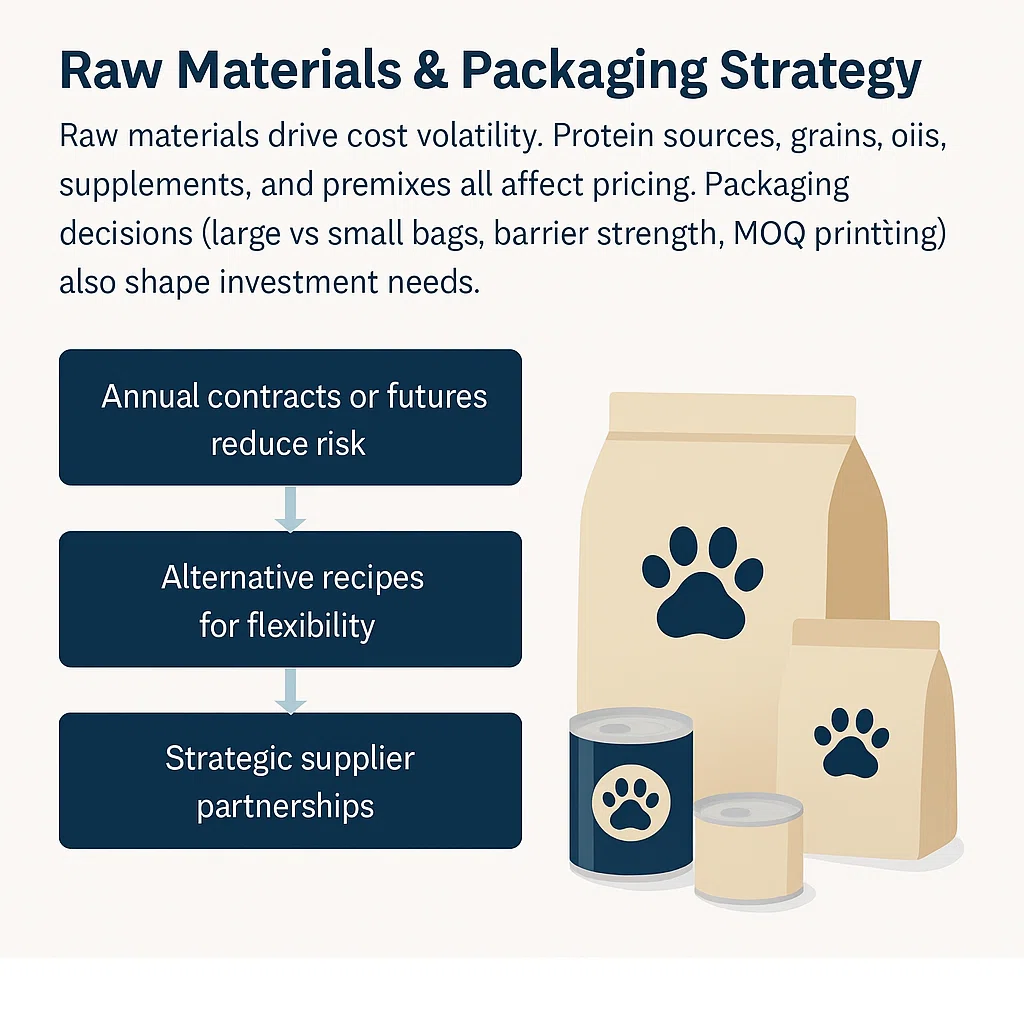Flowchart of raw material procurement for pet food manufacturing including proteins, grains, oils, supplements, premixes, combined with packaging examples such as large bags, small retail packs, barrier packaging, and printed MOQ samples.
