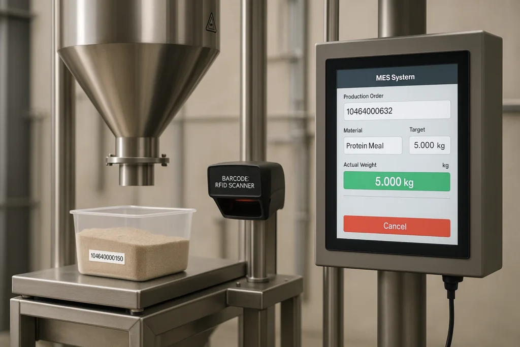 Smart batching station with weighing hopper, barcode/RFID scanner, and MES interface for automated ingredient traceability.