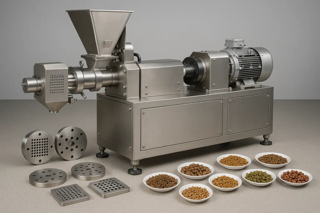 Twin-screw extruder with multiple interchangeable dies producing various kibble shapes for pet food manufacturing.