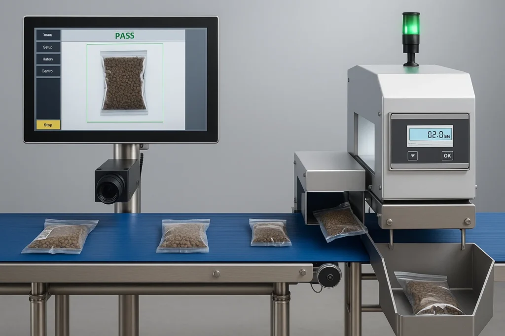 Automated vision inspection system with X-ray and metal detection unit rejecting contaminated pet food packages.