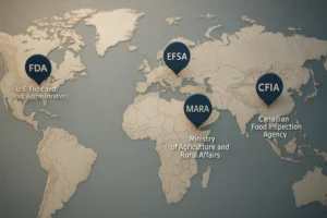 World map highlighting major pet food regulatory agencies including FDA (USA), EFSA (Europe), MARA (China), and CFIA (Canada)