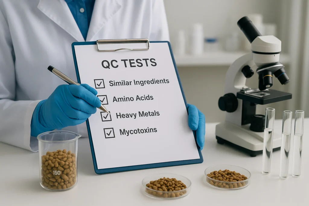 Testes laboratoriais de controlo de qualidade realizados: análise proximal, análise AA, metais pesados, micotoxinas