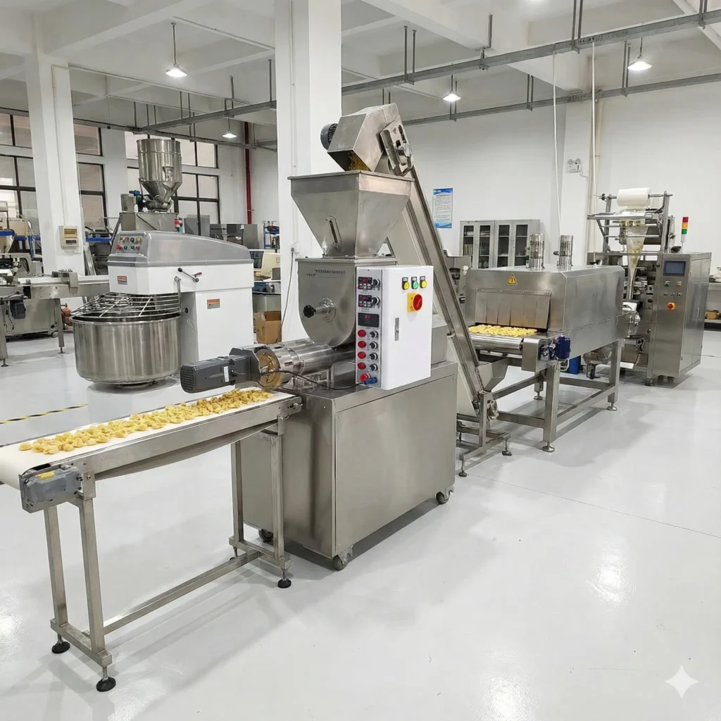 Uma imagem de grande angular de uma linha de produção de massa fresca completamente automatizada numa fábrica, com a máquina extrusora de massa da Zhuoheng integrada com um misturador de farinha, tapete transportador, túnel pasteurizador e estação de embalagem, demonstrando um fluxo de trabalho industrial completo