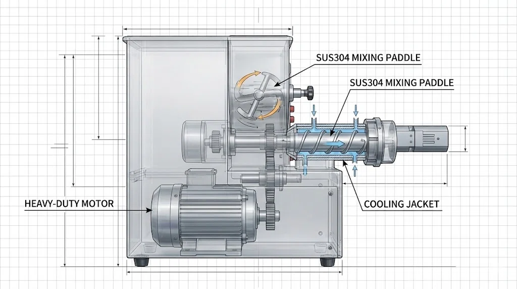 Esquema técnico que muestra el sistema de refrigeración interno y el motor de una máquina automática para hacer pasta.