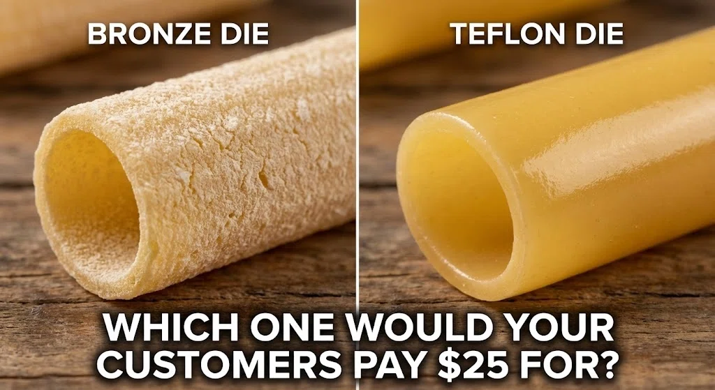 A high-definition macro comparison of pasta textures: the rough, porous surface from a traditional bronze die vs. the smooth, shiny surface from a Teflon die, illustrating superior sauce adherence.