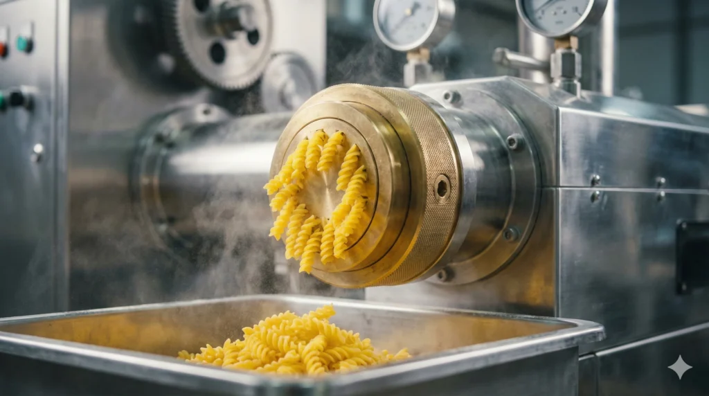 Uma vista de perto de uma extrusora de massa comercial em aço inoxidável em funcionamento, com formas de massa fusilli amarela fresca a sair da cabeça da matriz de latão, realçando o processo de extrusão e a consistência do produto