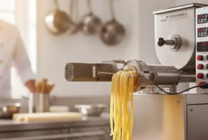Fettuccine fresco de alta qualidade a ser extrudido de uma pequena máquina comercial de massas em aço inoxidável.