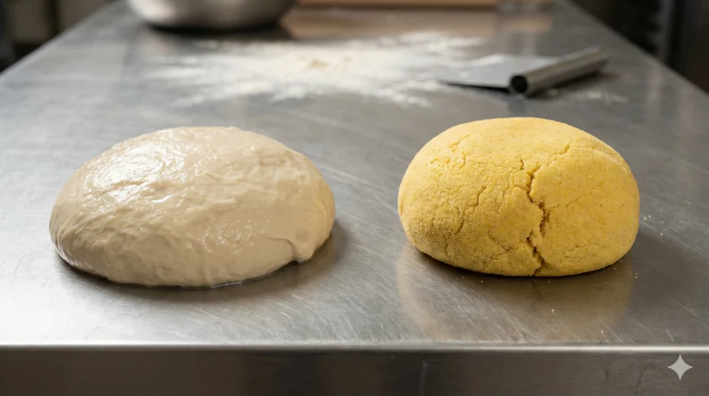 Uma comparação lado a lado num balcão de aço inoxidável mostrando uma bola macia e húmida de massa caseira de alta hidratação ao lado de uma bola firme e quebradiça de massa de extrusora comercial de baixa hidratação, ilustrando a diferença no conteúdo de água necessário para o processamento manual versus máquina