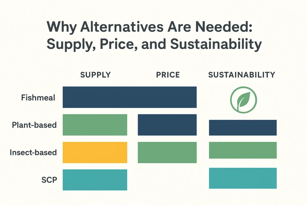 行业钩子可视鱼粉条与植物-昆虫-SCP 条的对比，带可持续发展图标和简短说明