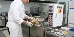 Demonstração de como limpar uma pequena máquina de massa comercial, removendo a matriz de extrusão.