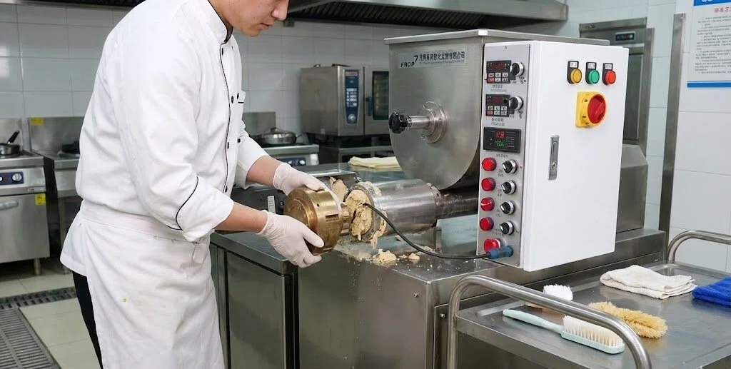 Demonstration der Reinigung einer kleinen handelsüblichen Nudelmaschine durch Ausbau der Extrusionsdüse.