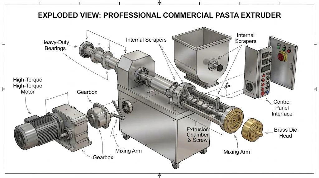 Eine technische Explosionszeichnung eines professionellen Pasta-Extruders, die die internen Komponenten wie Lager, Abstreifer und die Extrusionskammer hervorhebt.