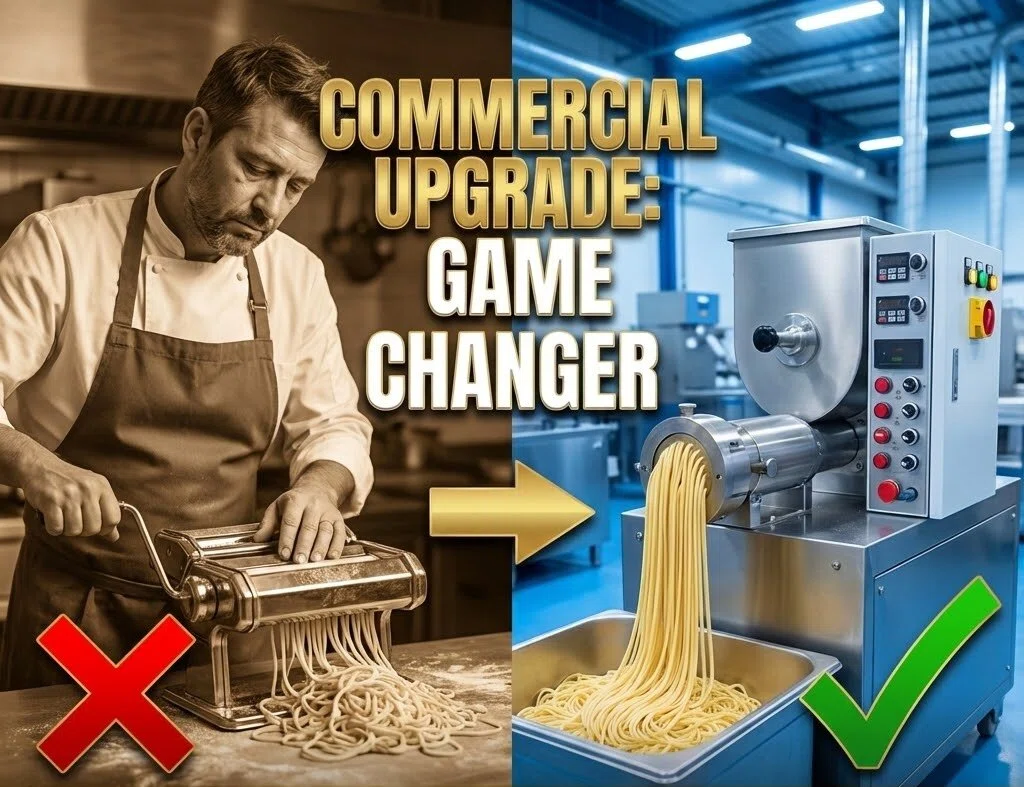 Professionelle kleine gewerbliche Nudelmaschine aus Edelstahl mit integriertem Misch- und automatischem Extrusionssystem, ideal für kleine gewerbliche Lebensmittelproduktionslinien.