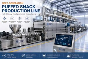 A high-resolution wide-angle view of a 2026-era automated puffed snack production line in a clean, modern factory, featuring SUS304 stainless steel twin-screw extruders and integrated PLC control systems