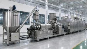 Automated puffed snack production line with integrated sensors and stainless steel processing machinery.