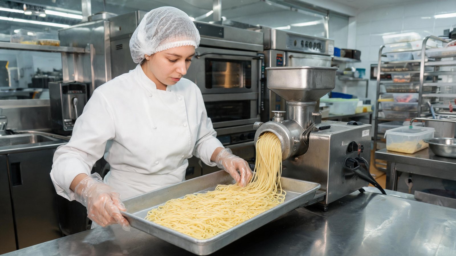 a-commercial-kitchen-staff-member-efficiently-filling-trays-with-freshly-made-pasta-from-the-extruder