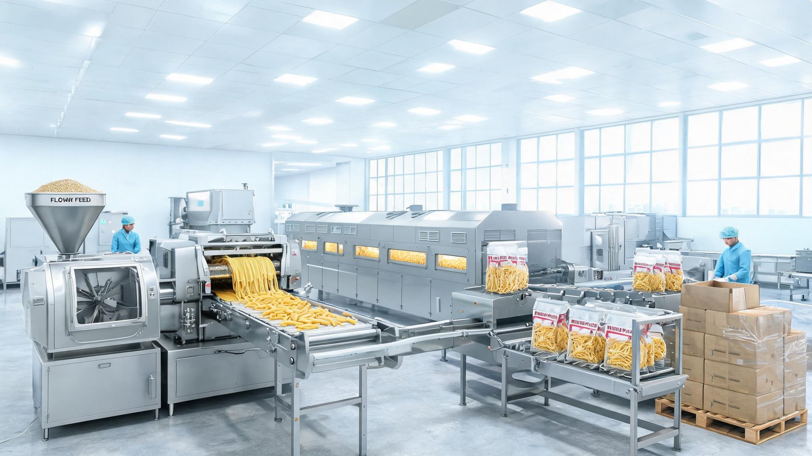 a grand view of a complete automatic pasta plant in a modern, well-lit factory