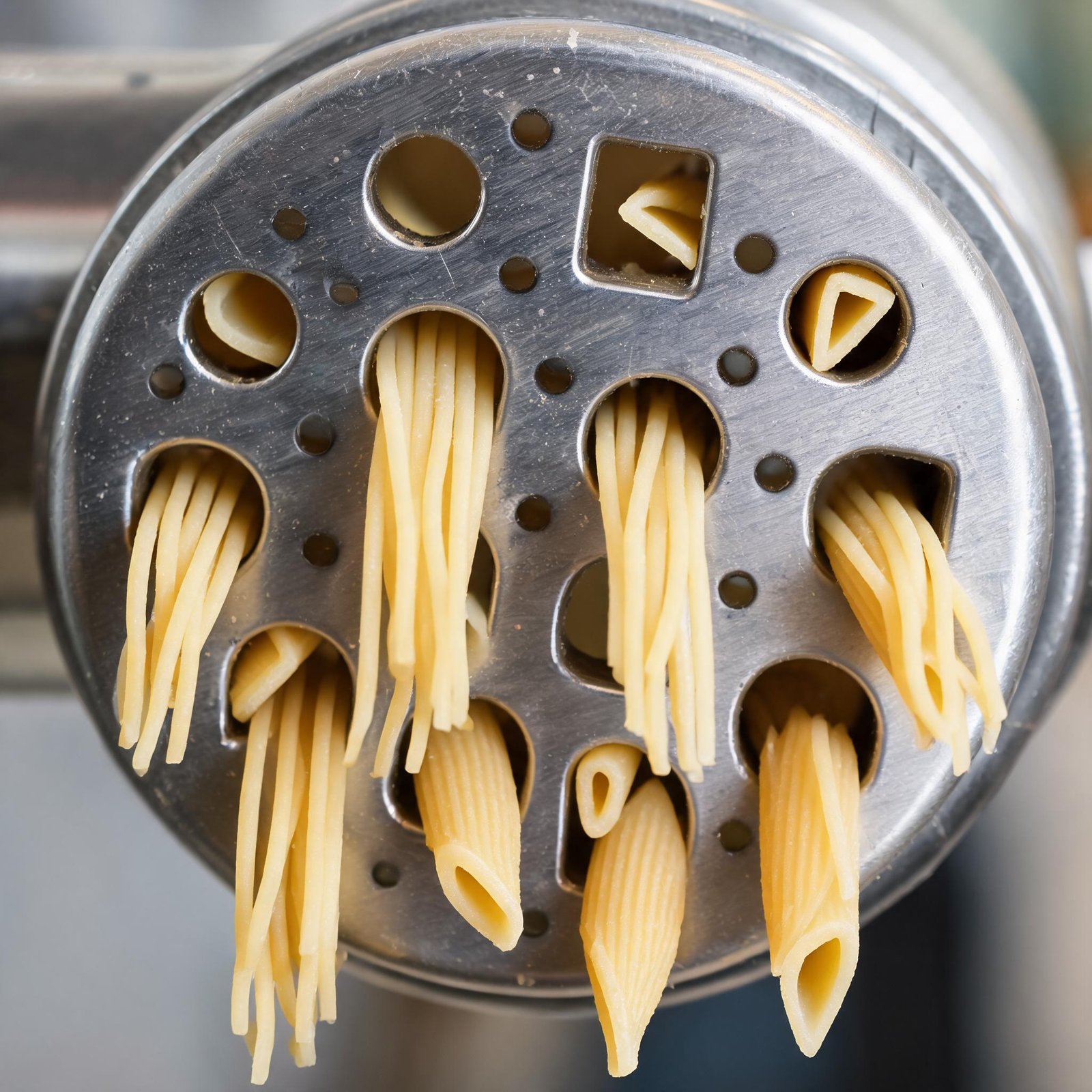 close-up-of-pasta-extruder-die-with-perfect-shapes-emerging